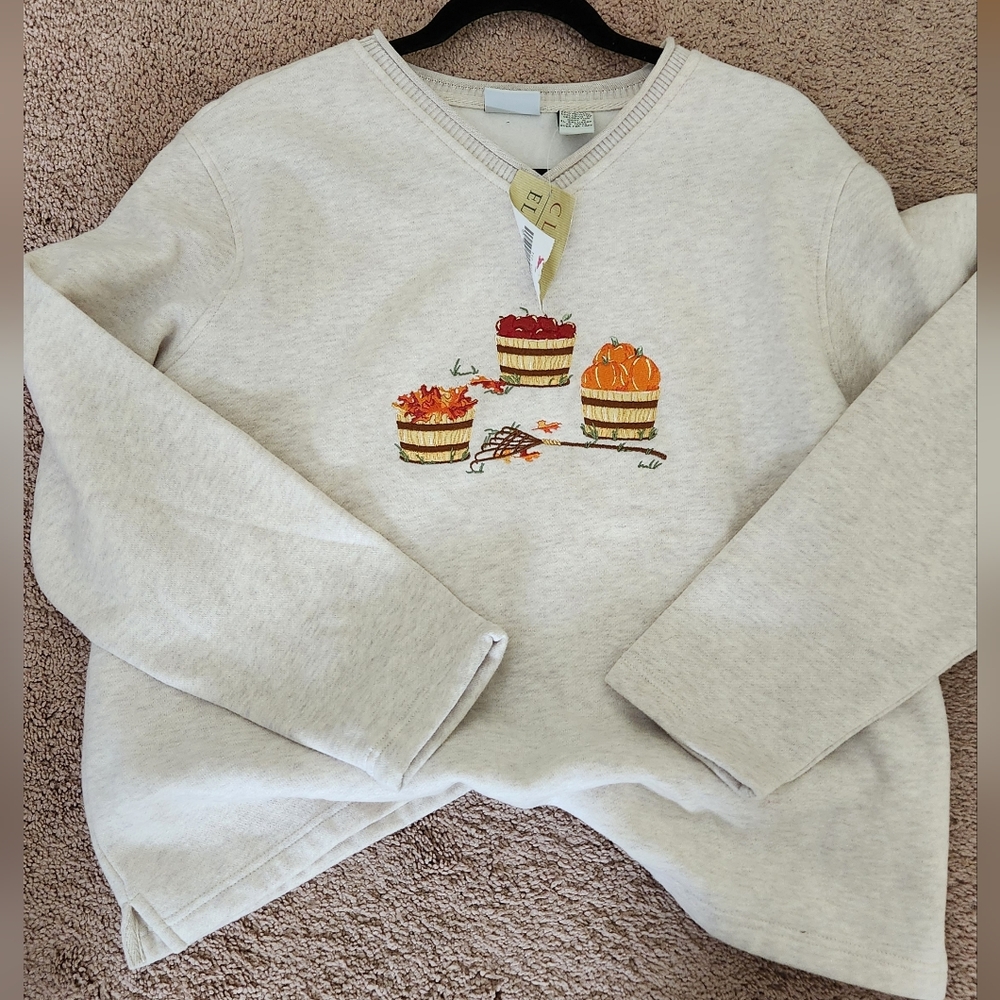 VTG cozy fall fleece pullover pumpkins leaves apples deadstock beige Wmn L NEW